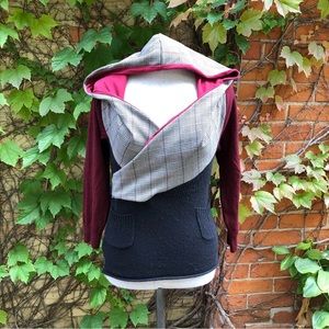 Small/Medium 5/6 Upcycled Sweater Red Black Plaid Sustainable Hooded Wrap Top